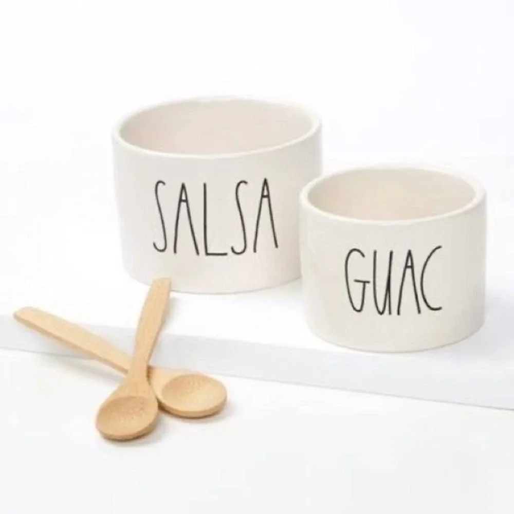 Rae Dunn Guac and‎ Salsa Ceramic Bowl Set with Bamboo Spoons 4pc FabFitFun NEW